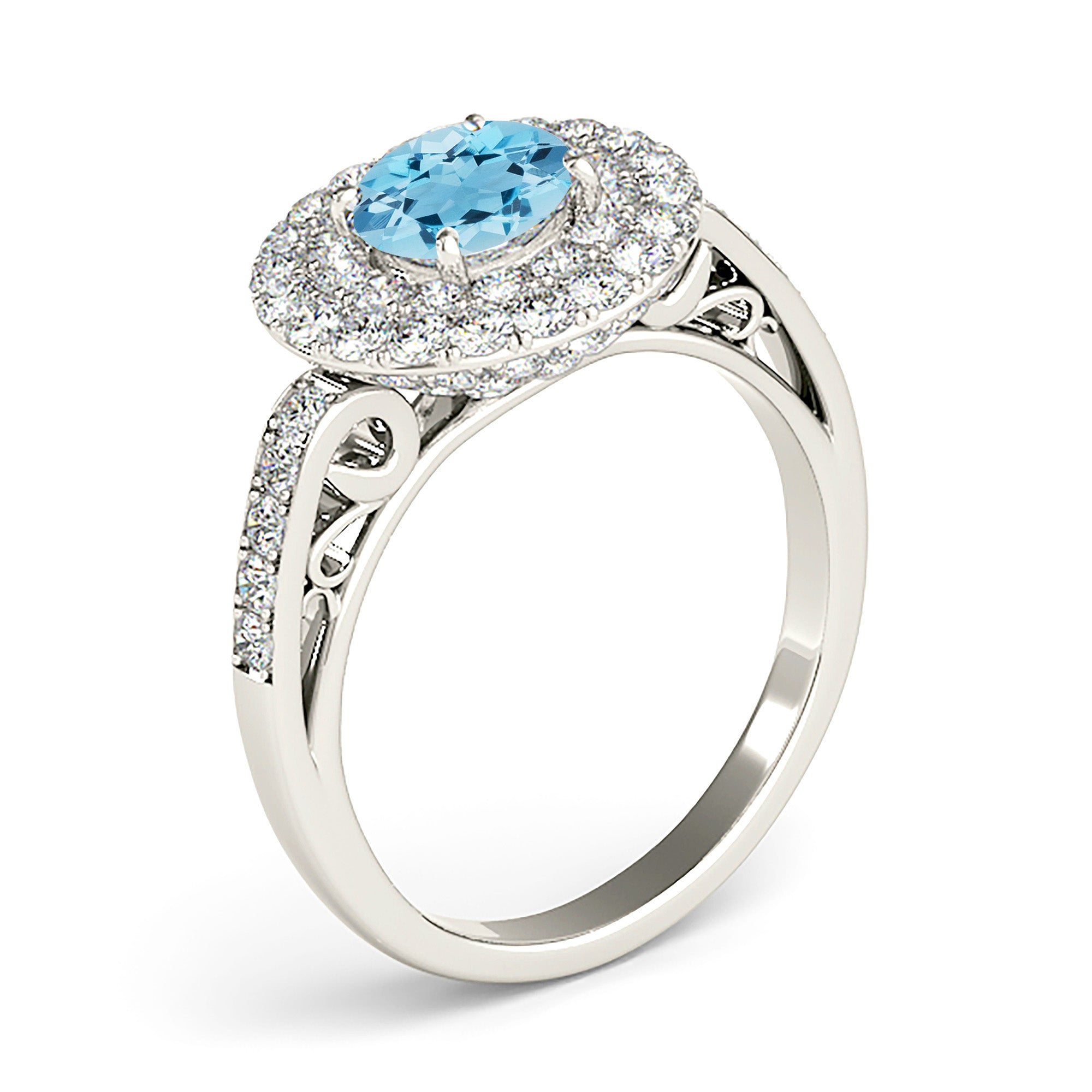 1.10 ct. Genuine Aquamarine Ring With 1.00 ctw. Diamond 3 D Halo And Fancy Hand Carved Diamond Band-VIRABYANI